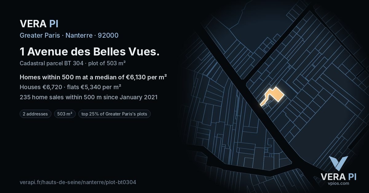 1 Avenue des Belles Vues, Nanterre at night – the plot lit, the parcels around coloured by the prices near them