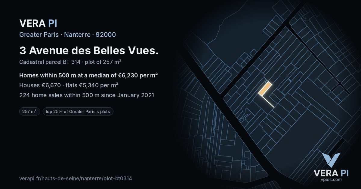 3 Avenue des Belles Vues, Nanterre at night – the plot lit, the parcels around coloured by the prices near them
