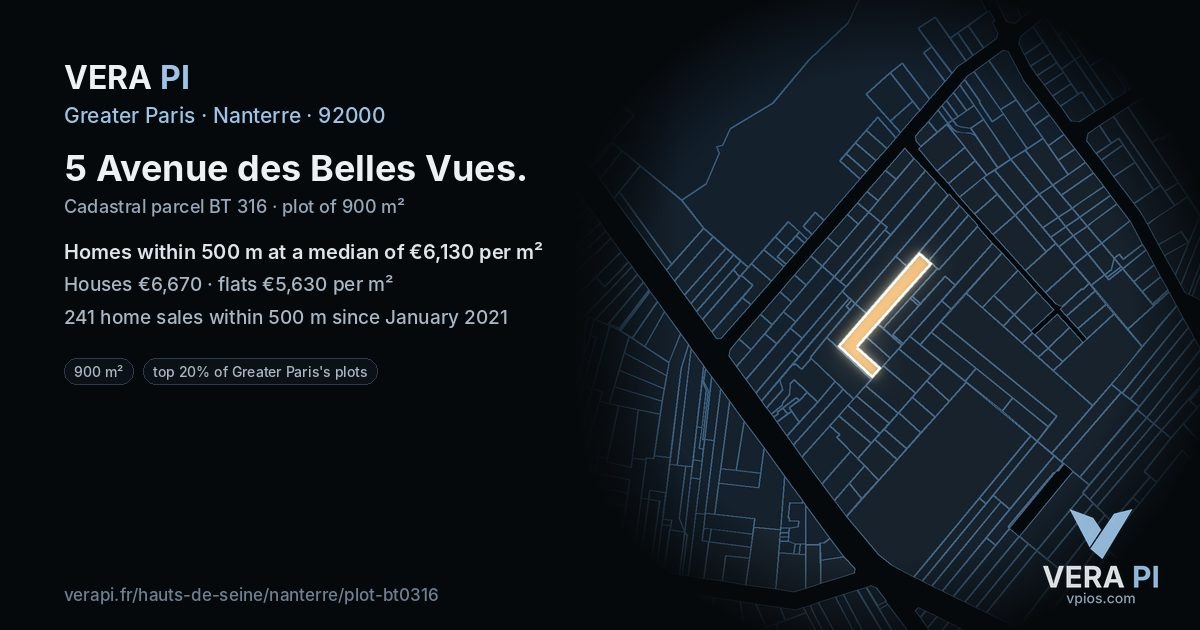 5 Avenue des Belles Vues, Nanterre at night – the plot lit, the parcels around coloured by the prices near them