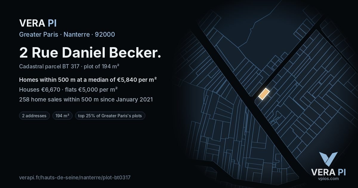 2 Rue Daniel Becker, Nanterre at night – the plot lit, the parcels around coloured by the prices near them