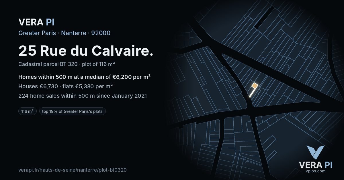 25 Rue du Calvaire, Nanterre at night – the plot lit, the parcels around coloured by the prices near them