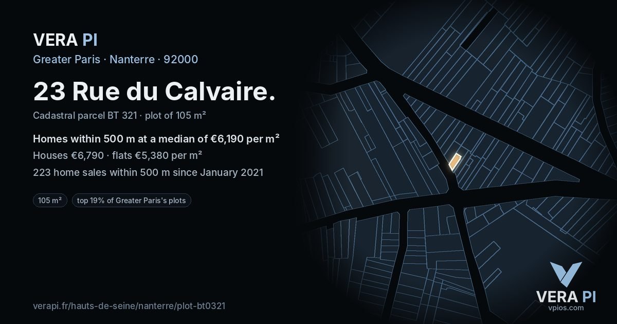 23 Rue du Calvaire, Nanterre at night – the plot lit, the parcels around coloured by the prices near them