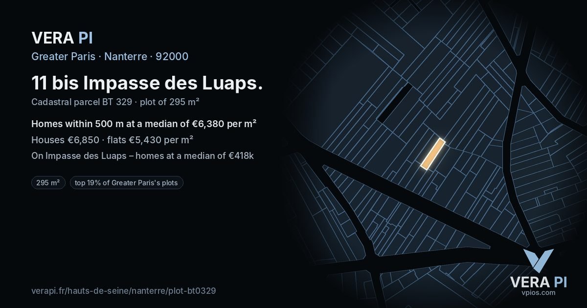 11 bis Impasse des Luaps, Nanterre at night – the plot lit, the parcels around coloured by the prices near them