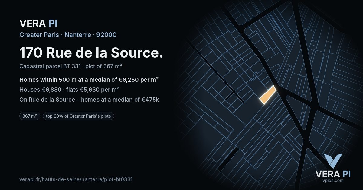 170 Rue de la Source, Nanterre at night – the plot lit, the parcels around coloured by the prices near them