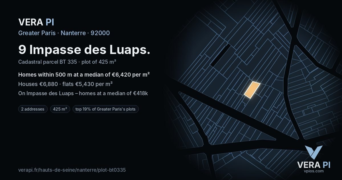 9 Impasse des Luaps, Nanterre at night – the plot lit, the parcels around coloured by the prices near them