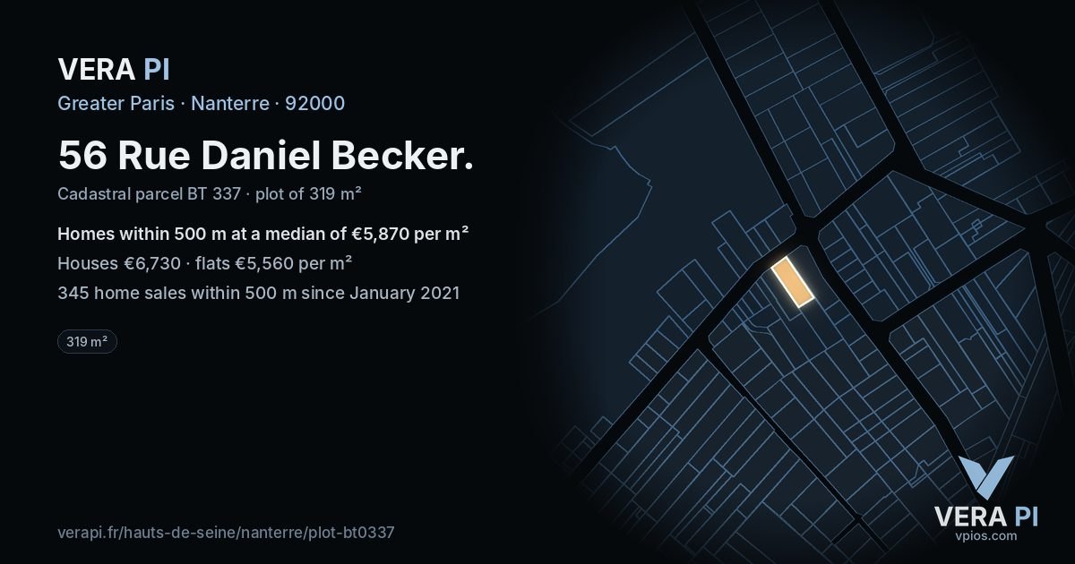 56 Rue Daniel Becker, Nanterre at night – the plot lit, the parcels around coloured by the prices near them