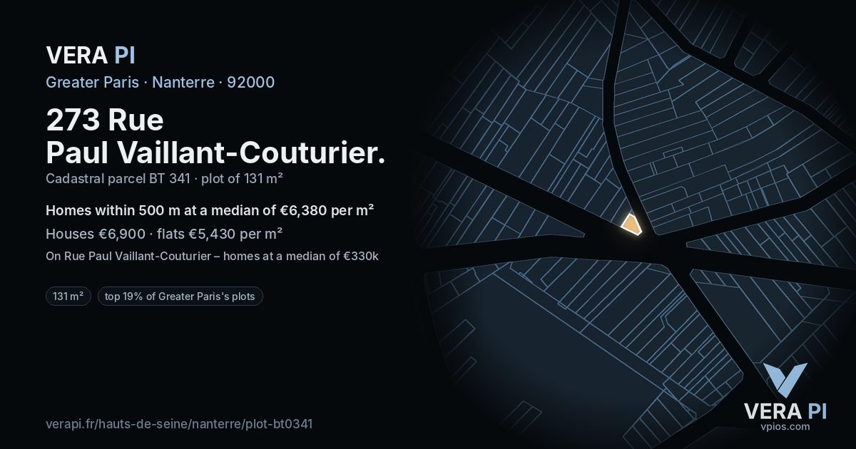 273 Rue Paul Vaillant-Couturier, Nanterre at night – the plot lit, the parcels around coloured by the prices near them