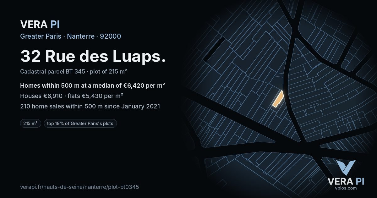 32 Rue des Luaps, Nanterre at night – the plot lit, the parcels around coloured by the prices near them