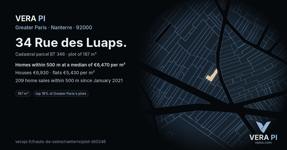 34 Rue des Luaps, Nanterre at night – the plot lit, the parcels around coloured by the prices near them