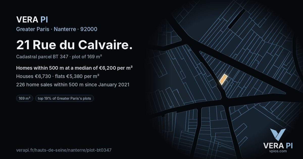 21 Rue du Calvaire, Nanterre at night – the plot lit, the parcels around coloured by the prices near them
