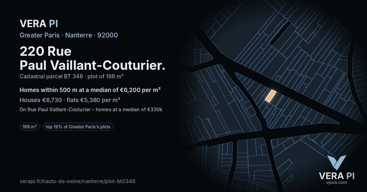 220 Rue Paul Vaillant-Couturier, Nanterre at night – the plot lit, the parcels around coloured by the prices near them