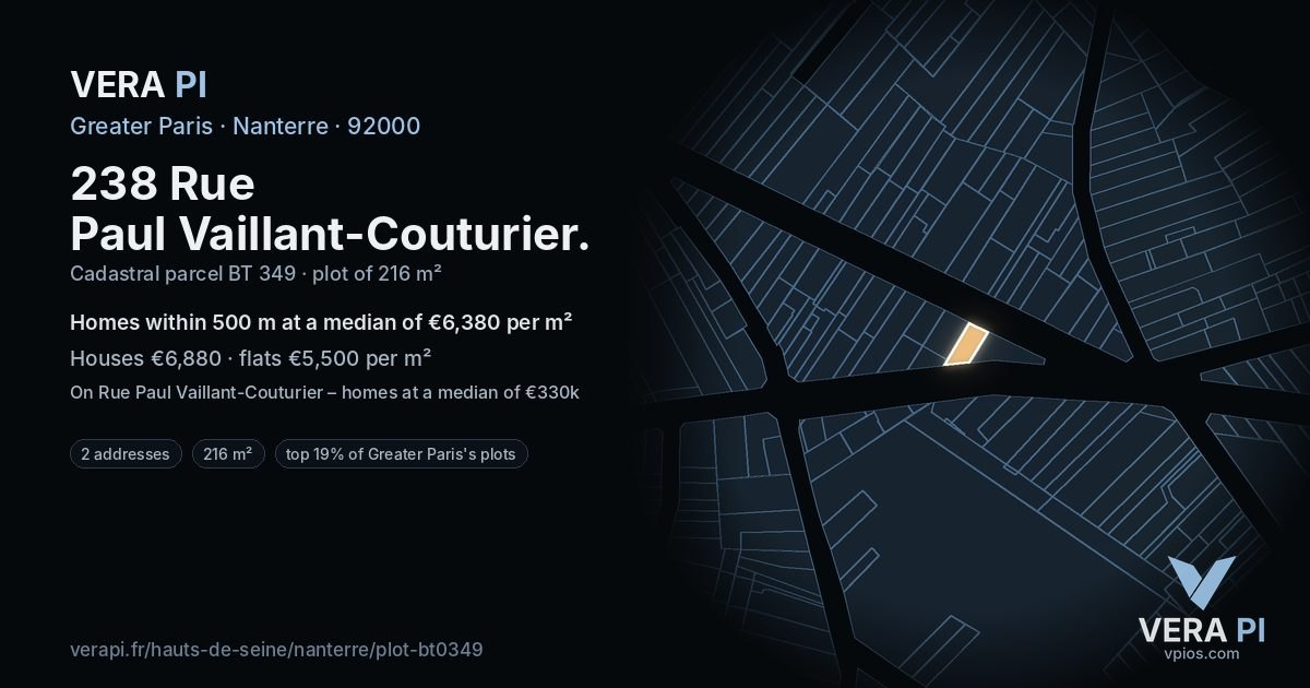 238 Rue Paul Vaillant-Couturier, Nanterre at night – the plot lit, the parcels around coloured by the prices near them