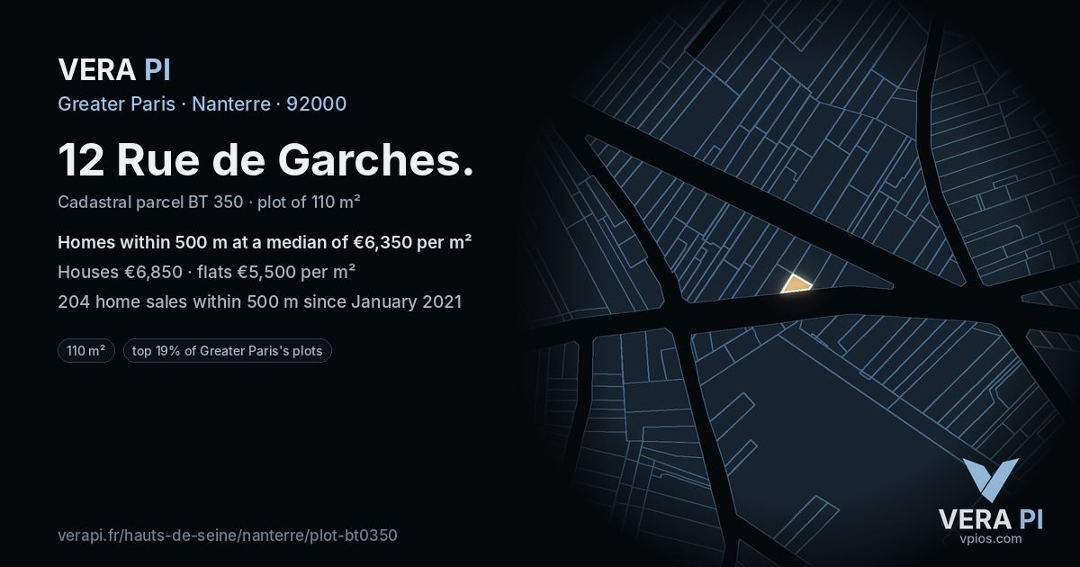 12 Rue de Garches, Nanterre at night – the plot lit, the parcels around coloured by the prices near them