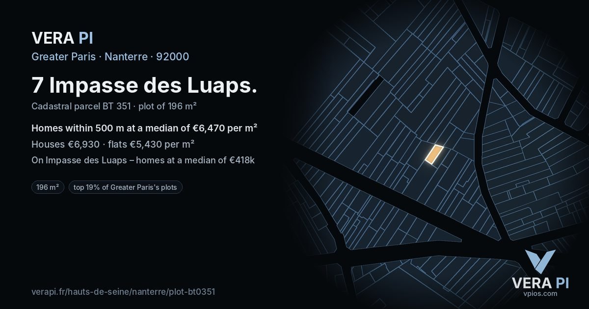 7 Impasse des Luaps, Nanterre at night – the plot lit, the parcels around coloured by the prices near them