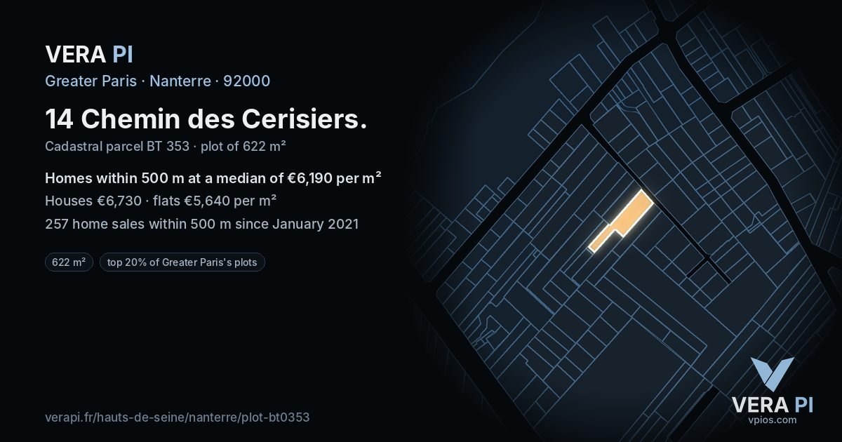 14 Chemin des Cerisiers, Nanterre at night – the plot lit, the parcels around coloured by the prices near them
