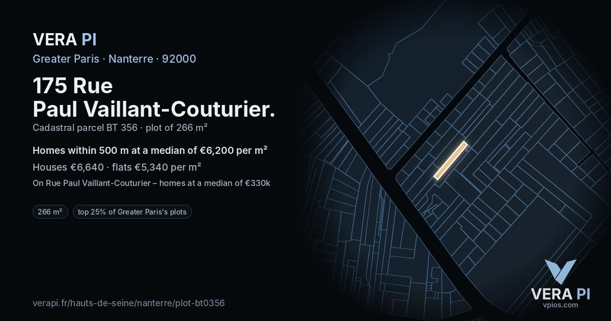 175 Rue Paul Vaillant-Couturier, Nanterre at night – the plot lit, the parcels around coloured by the prices near them