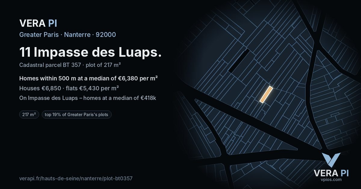 11 Impasse des Luaps, Nanterre at night – the plot lit, the parcels around coloured by the prices near them