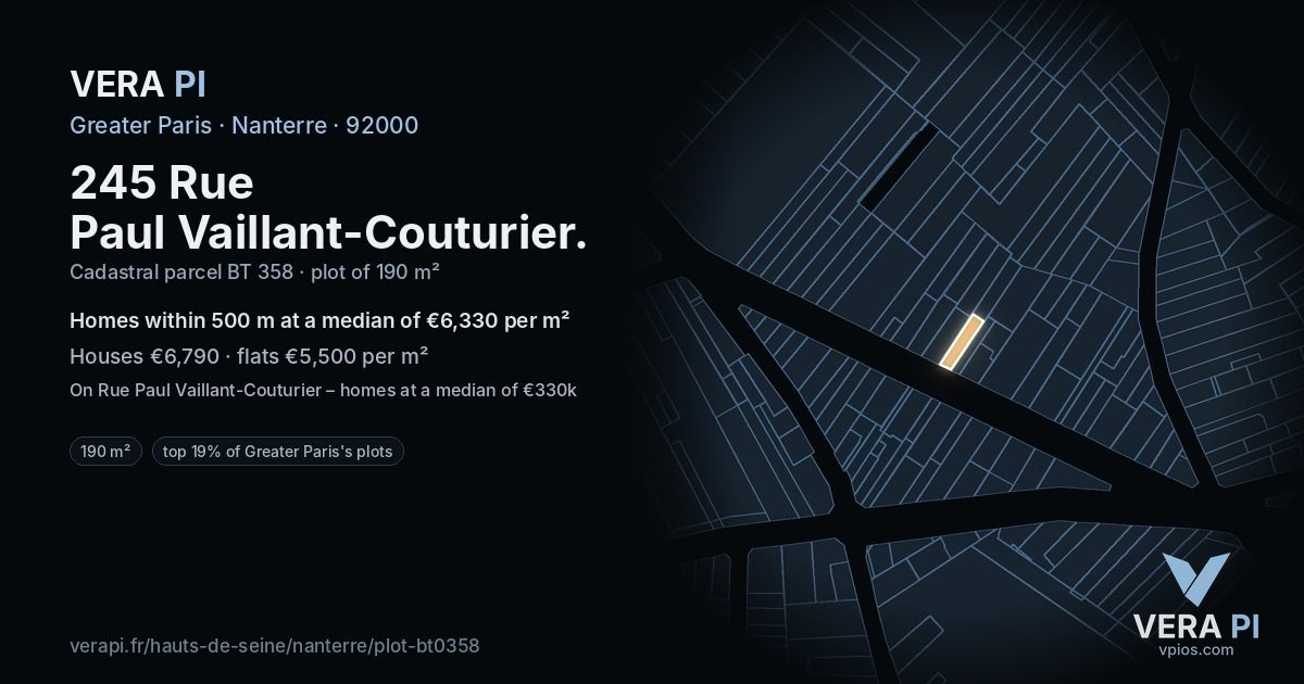 245 Rue Paul Vaillant-Couturier, Nanterre at night – the plot lit, the parcels around coloured by the prices near them