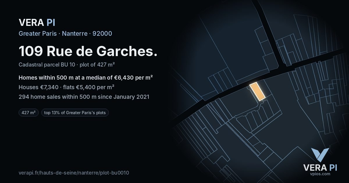 109 Rue de Garches, Nanterre at night – the plot lit, the parcels around coloured by the prices near them