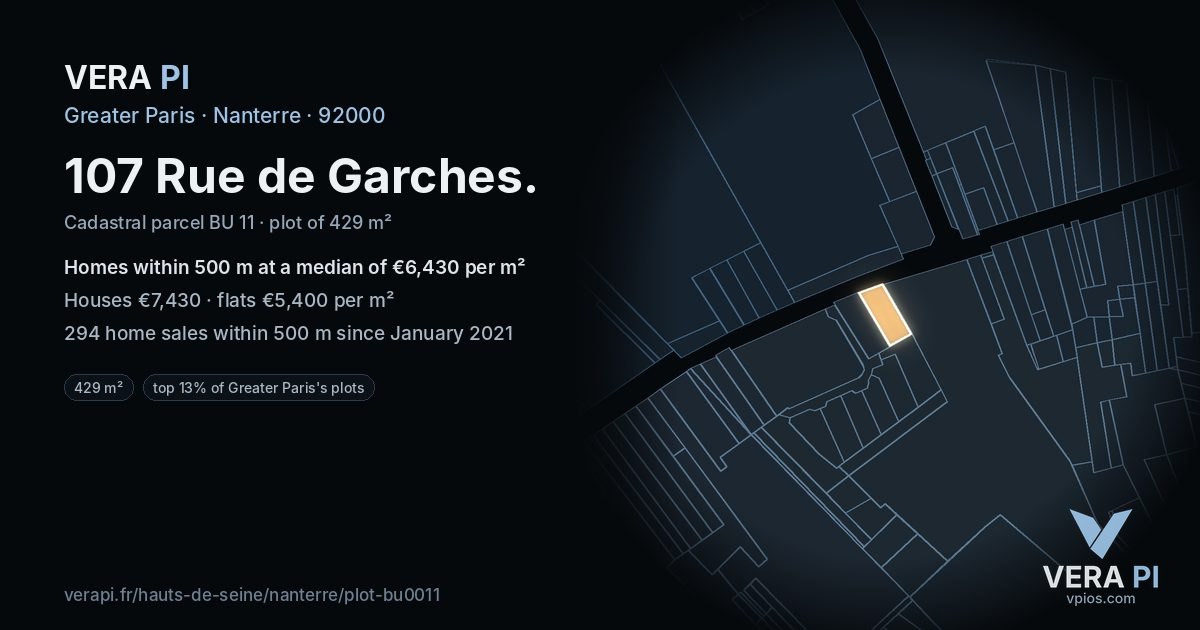 107 Rue de Garches, Nanterre at night – the plot lit, the parcels around coloured by the prices near them