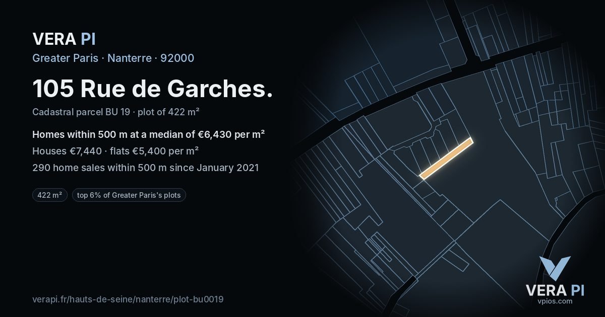 105 Rue de Garches, Nanterre at night – the plot lit, the parcels around coloured by the prices near them