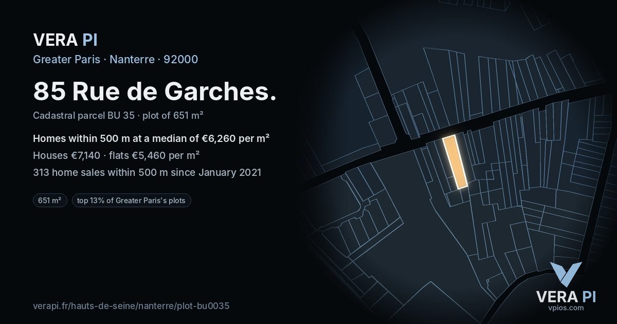 85 Rue de Garches, Nanterre at night – the plot lit, the parcels around coloured by the prices near them