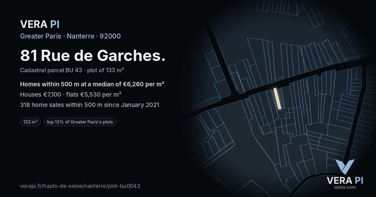 81 Rue de Garches, Nanterre at night – the plot lit, the parcels around coloured by the prices near them