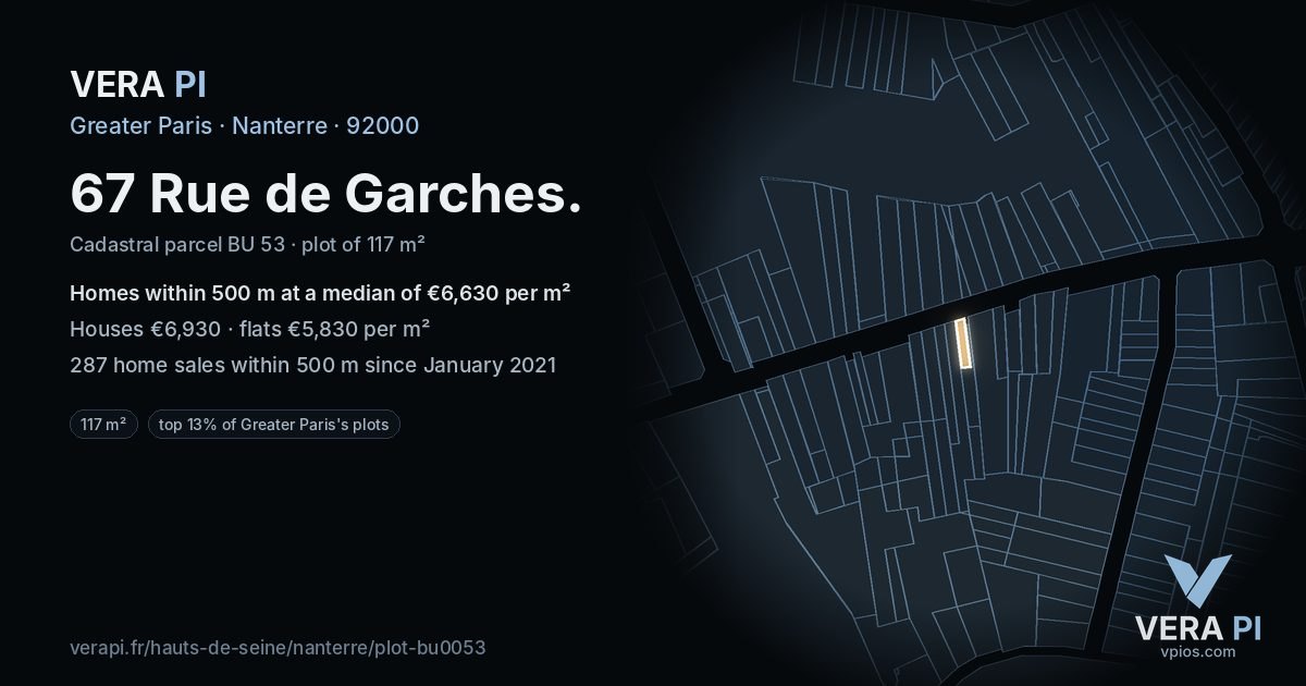 67 Rue de Garches, Nanterre at night – the plot lit, the parcels around coloured by the prices near them