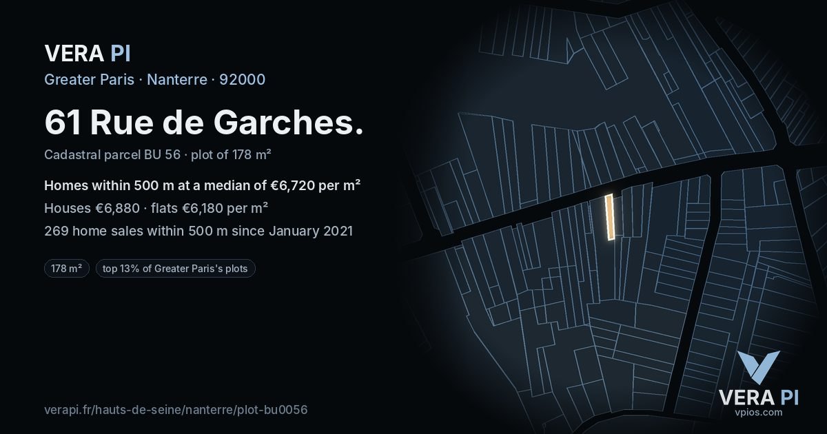 61 Rue de Garches, Nanterre at night – the plot lit, the parcels around coloured by the prices near them