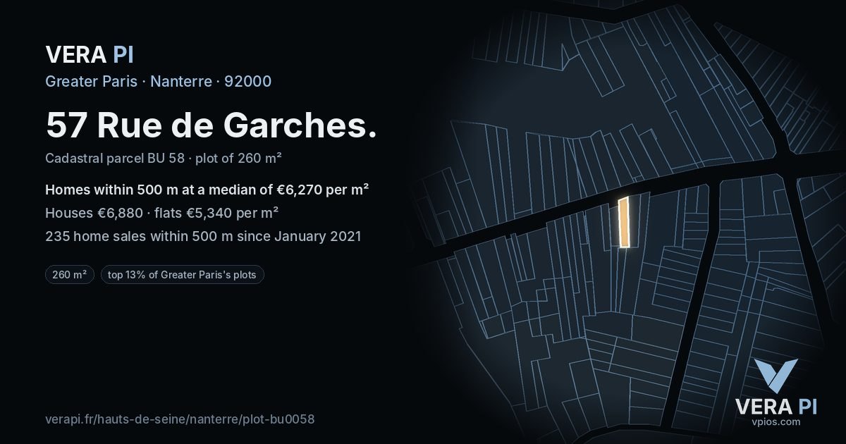 57 Rue de Garches, Nanterre at night – the plot lit, the parcels around coloured by the prices near them