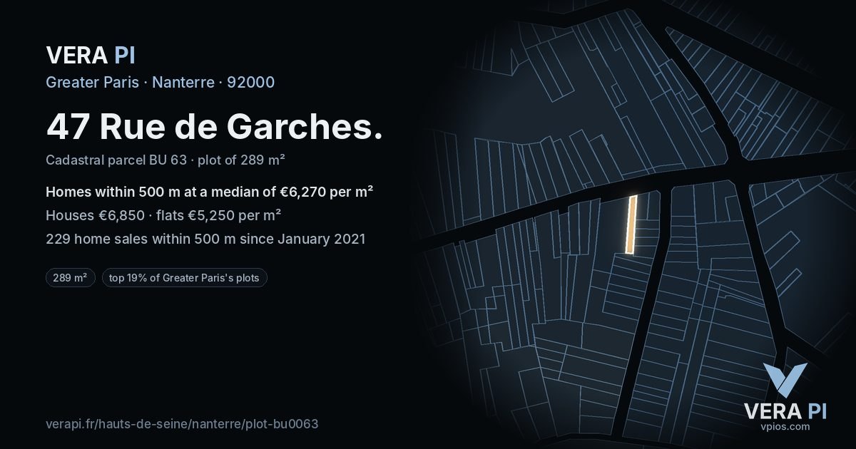 47 Rue de Garches, Nanterre at night – the plot lit, the parcels around coloured by the prices near them