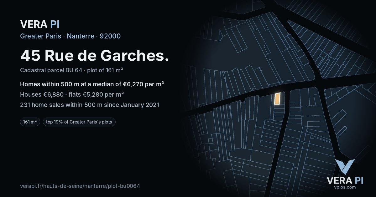 45 Rue de Garches, Nanterre at night – the plot lit, the parcels around coloured by the prices near them