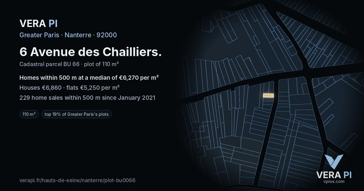 6 Avenue des Chailliers, Nanterre at night – the plot lit, the parcels around coloured by the prices near them