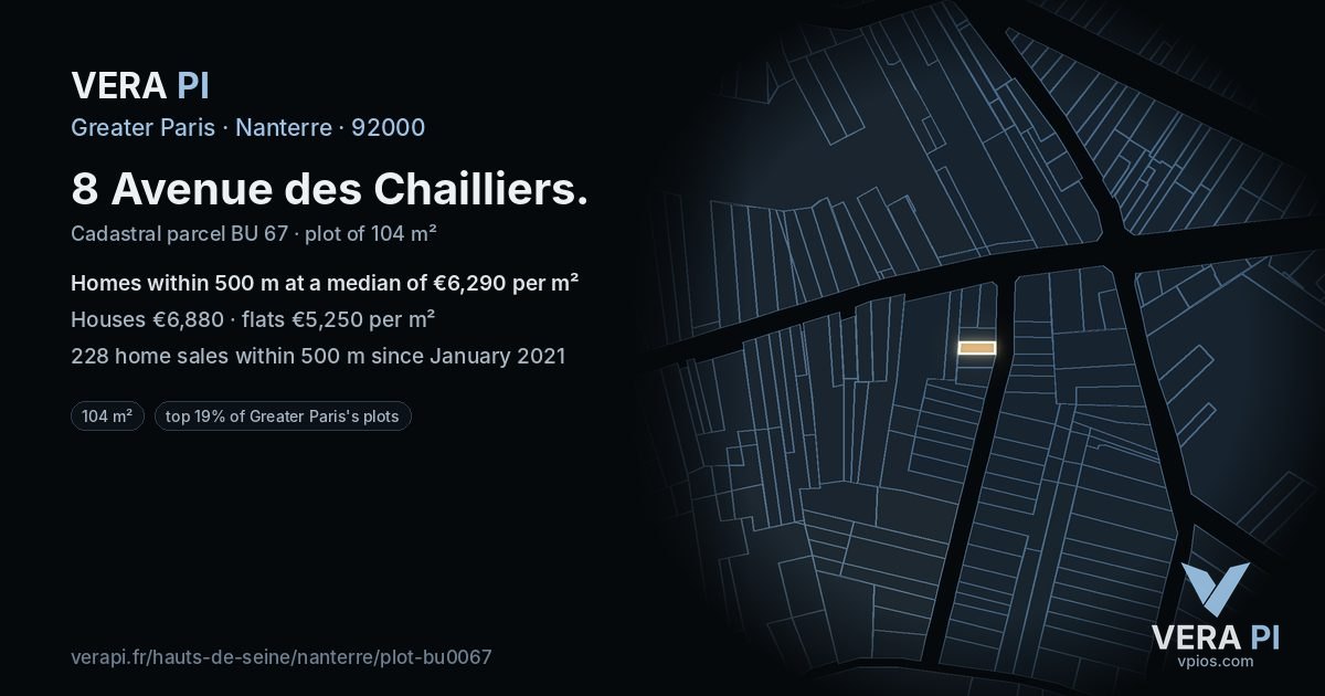 8 Avenue des Chailliers, Nanterre at night – the plot lit, the parcels around coloured by the prices near them