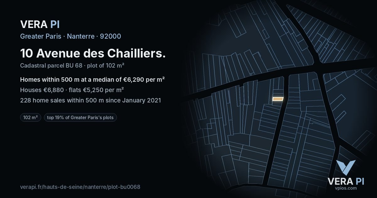 10 Avenue des Chailliers, Nanterre at night – the plot lit, the parcels around coloured by the prices near them
