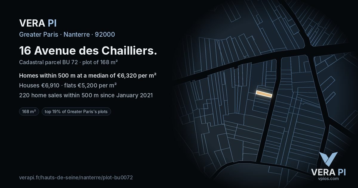 16 Avenue des Chailliers, Nanterre at night – the plot lit, the parcels around coloured by the prices near them