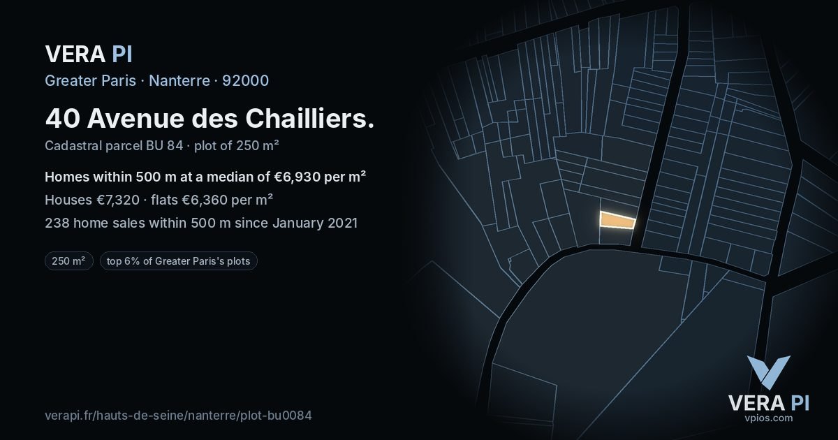 40 Avenue des Chailliers, Nanterre at night – the plot lit, the parcels around coloured by the prices near them