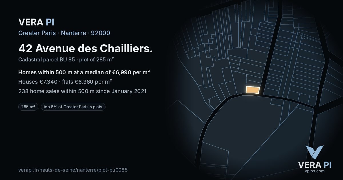 42 Avenue des Chailliers, Nanterre at night – the plot lit, the parcels around coloured by the prices near them