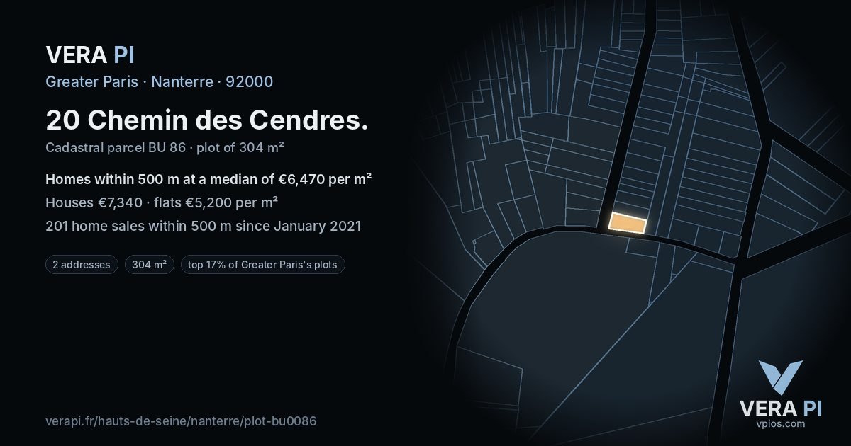20 Chemin des Cendres, Nanterre at night – the plot lit, the parcels around coloured by the prices near them