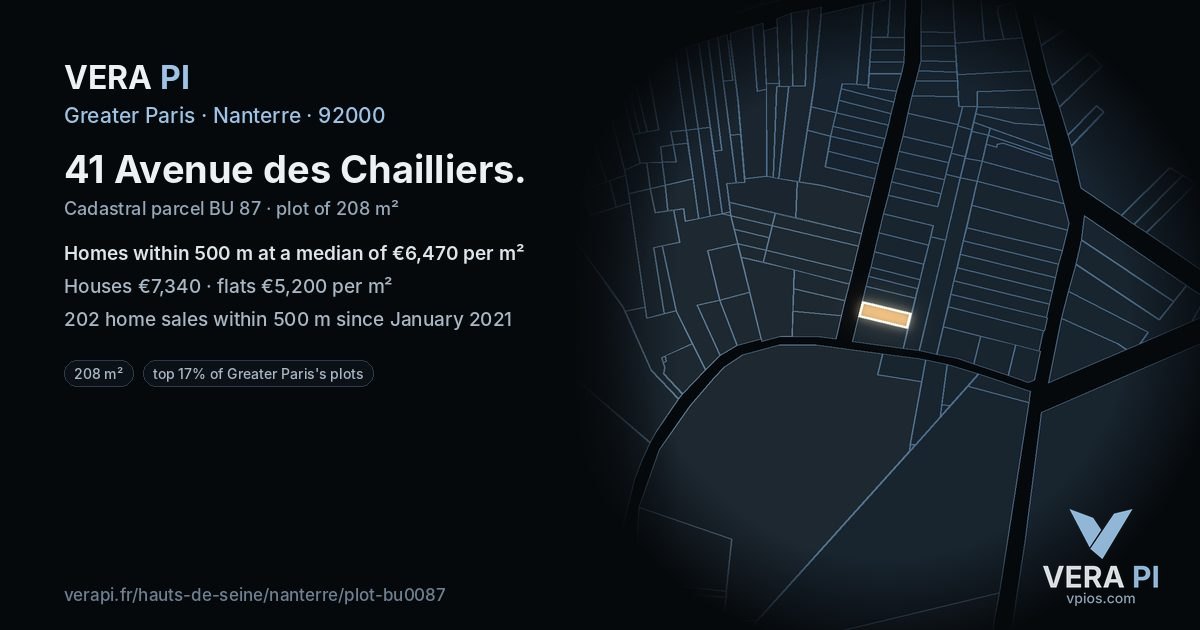 41 Avenue des Chailliers, Nanterre at night – the plot lit, the parcels around coloured by the prices near them