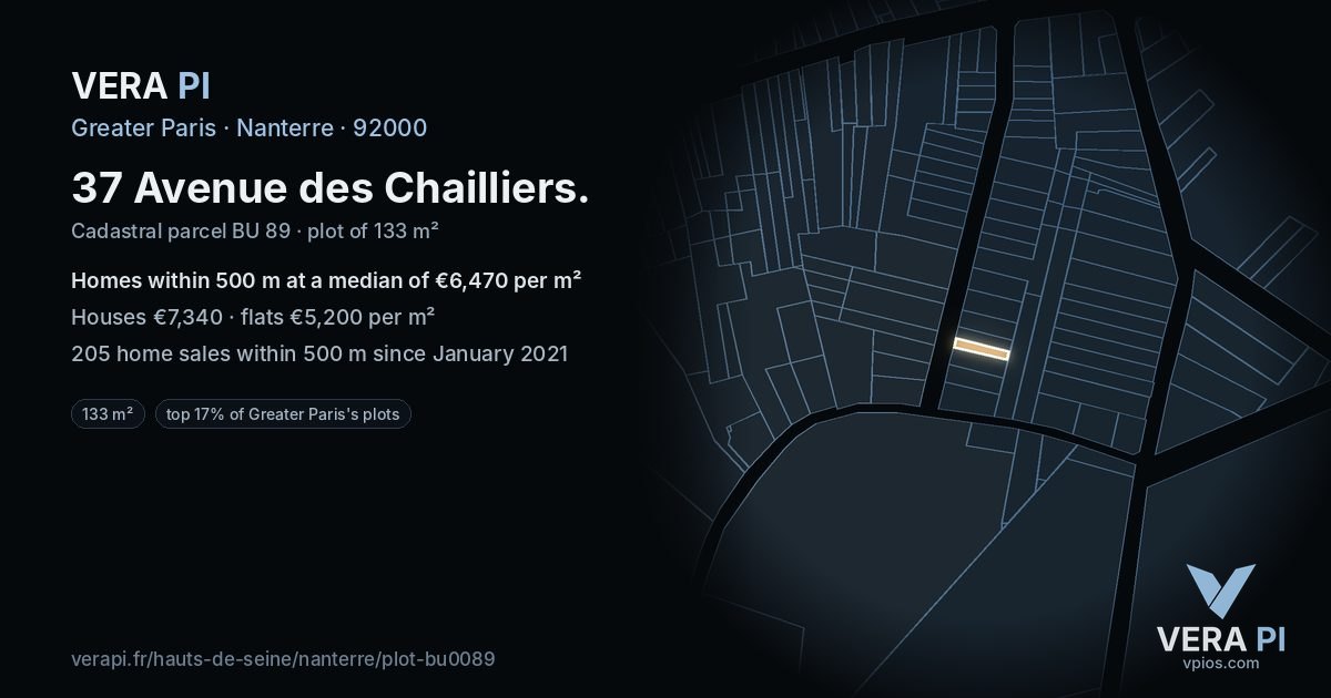 37 Avenue des Chailliers, Nanterre at night – the plot lit, the parcels around coloured by the prices near them