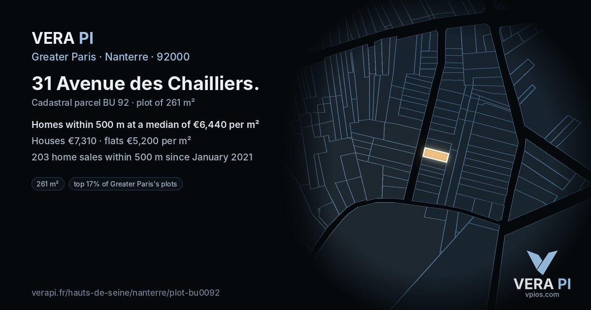 31 Avenue des Chailliers, Nanterre at night – the plot lit, the parcels around coloured by the prices near them