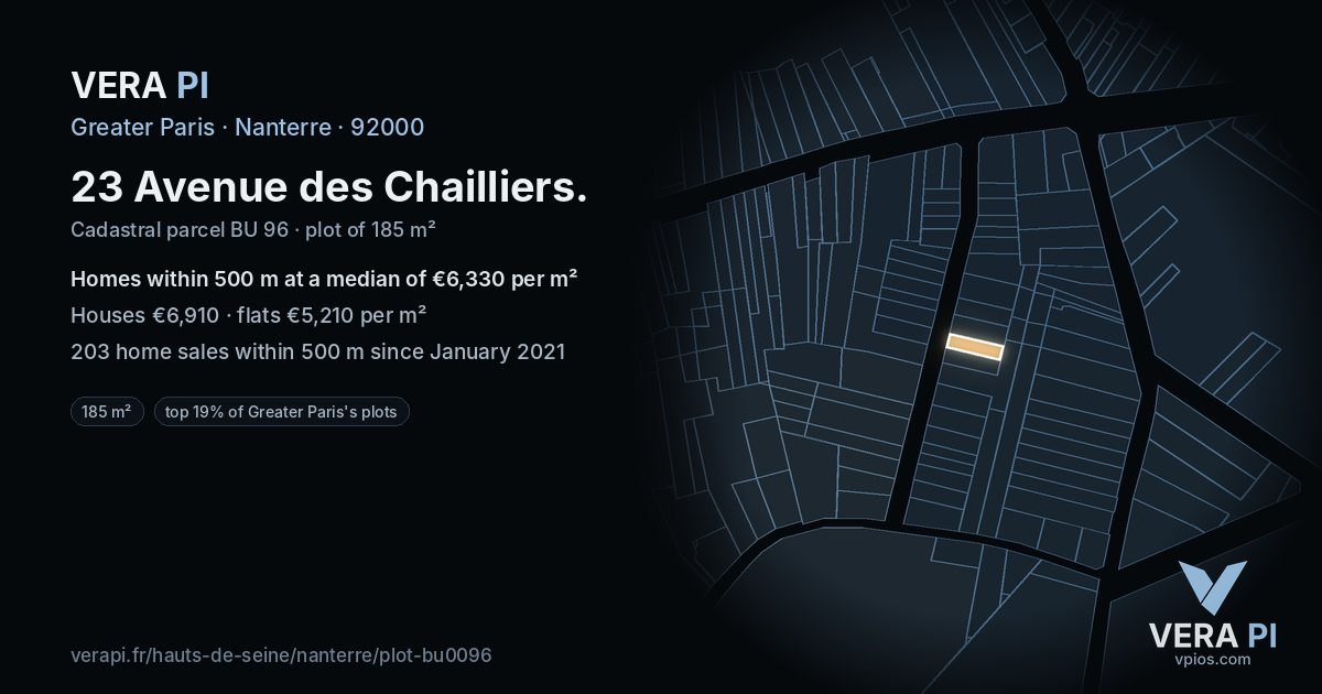 23 Avenue des Chailliers, Nanterre at night – the plot lit, the parcels around coloured by the prices near them