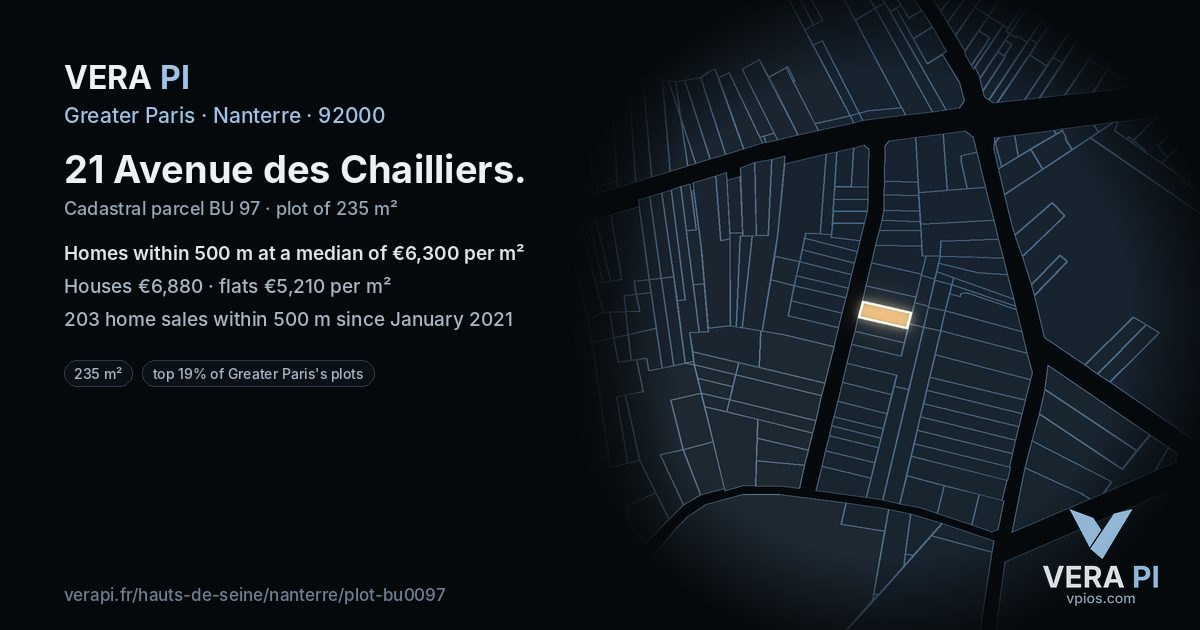 21 Avenue des Chailliers, Nanterre at night – the plot lit, the parcels around coloured by the prices near them