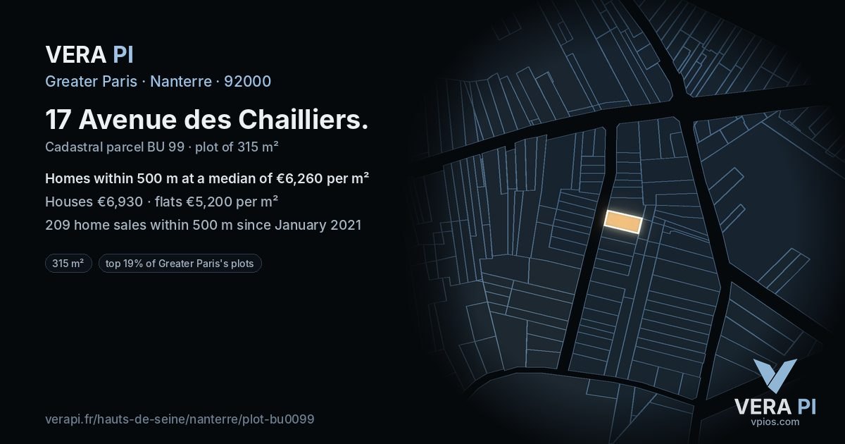 17 Avenue des Chailliers, Nanterre at night – the plot lit, the parcels around coloured by the prices near them
