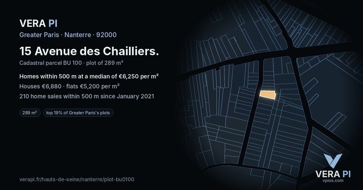 15 Avenue des Chailliers, Nanterre at night – the plot lit, the parcels around coloured by the prices near them