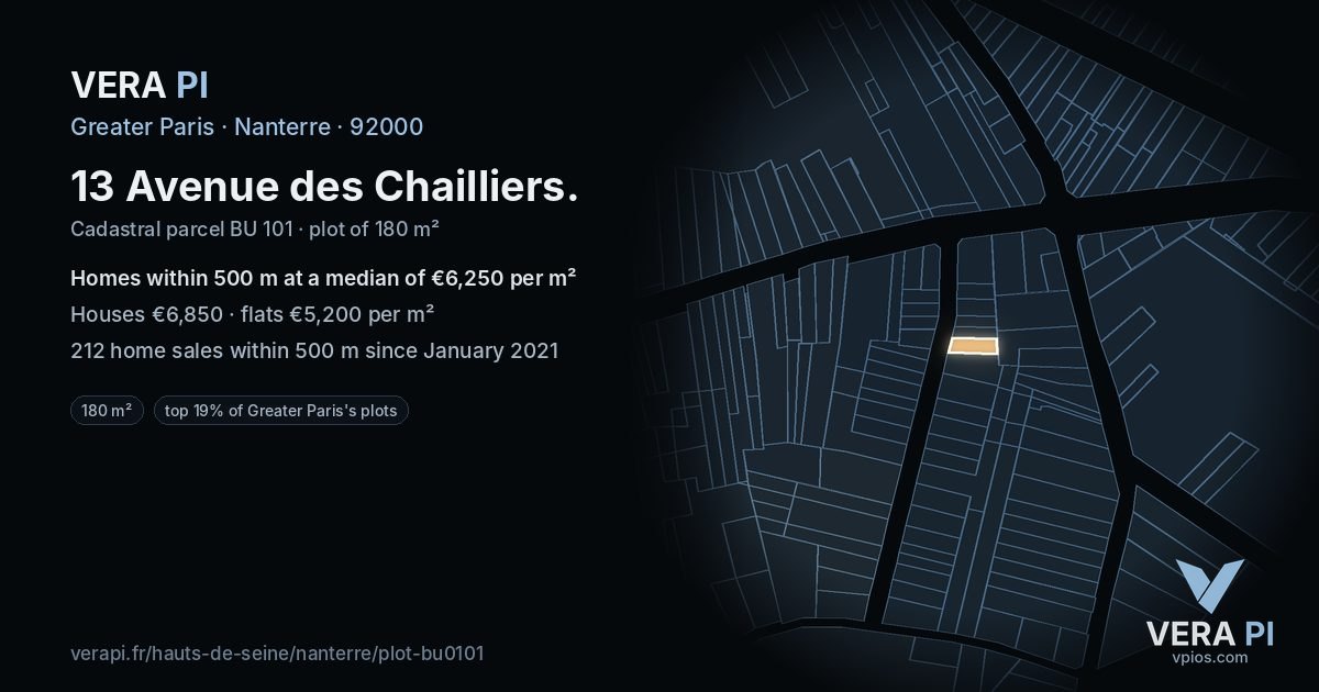 13 Avenue des Chailliers, Nanterre at night – the plot lit, the parcels around coloured by the prices near them