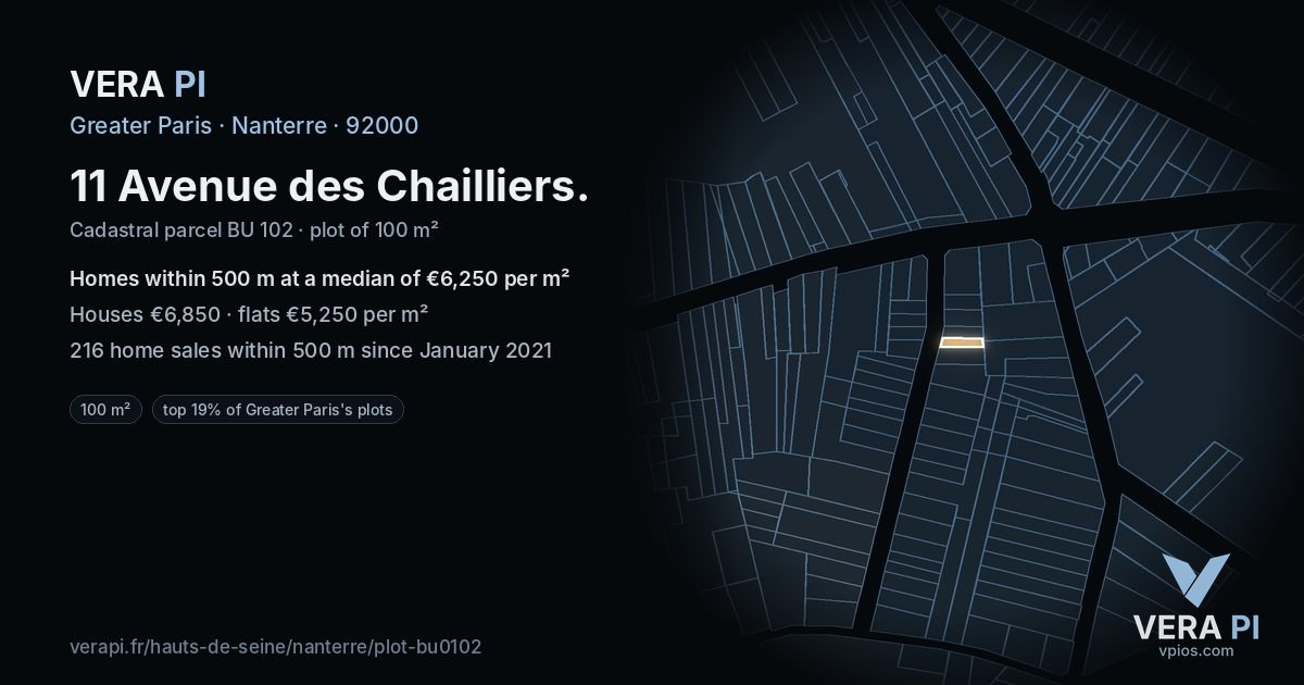 11 Avenue des Chailliers, Nanterre at night – the plot lit, the parcels around coloured by the prices near them