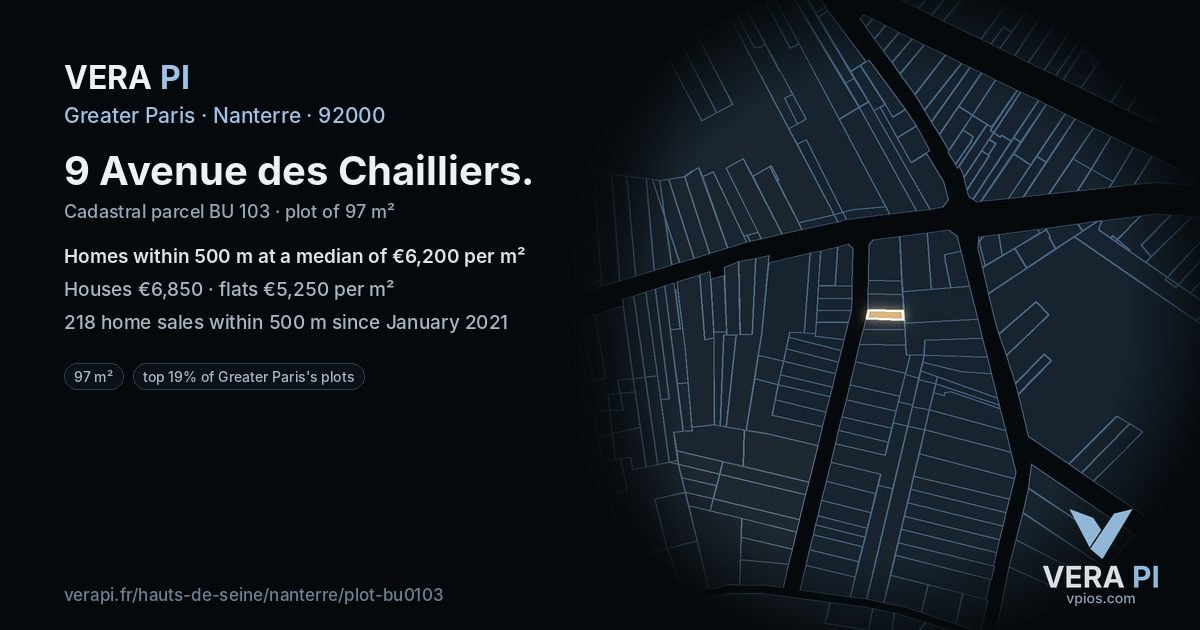 9 Avenue des Chailliers, Nanterre at night – the plot lit, the parcels around coloured by the prices near them