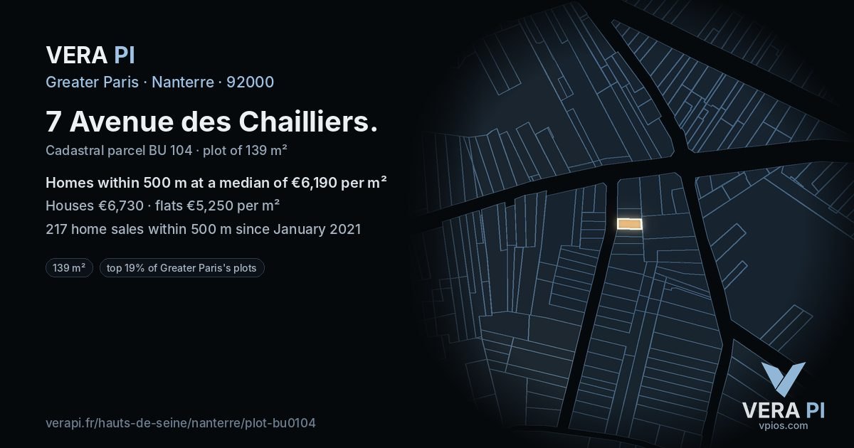 7 Avenue des Chailliers, Nanterre at night – the plot lit, the parcels around coloured by the prices near them